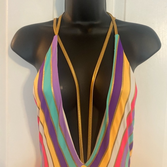 “FEATHER II” Rainbow Stripes & Gold Straps Bathing Suit - Picture 3 of 11